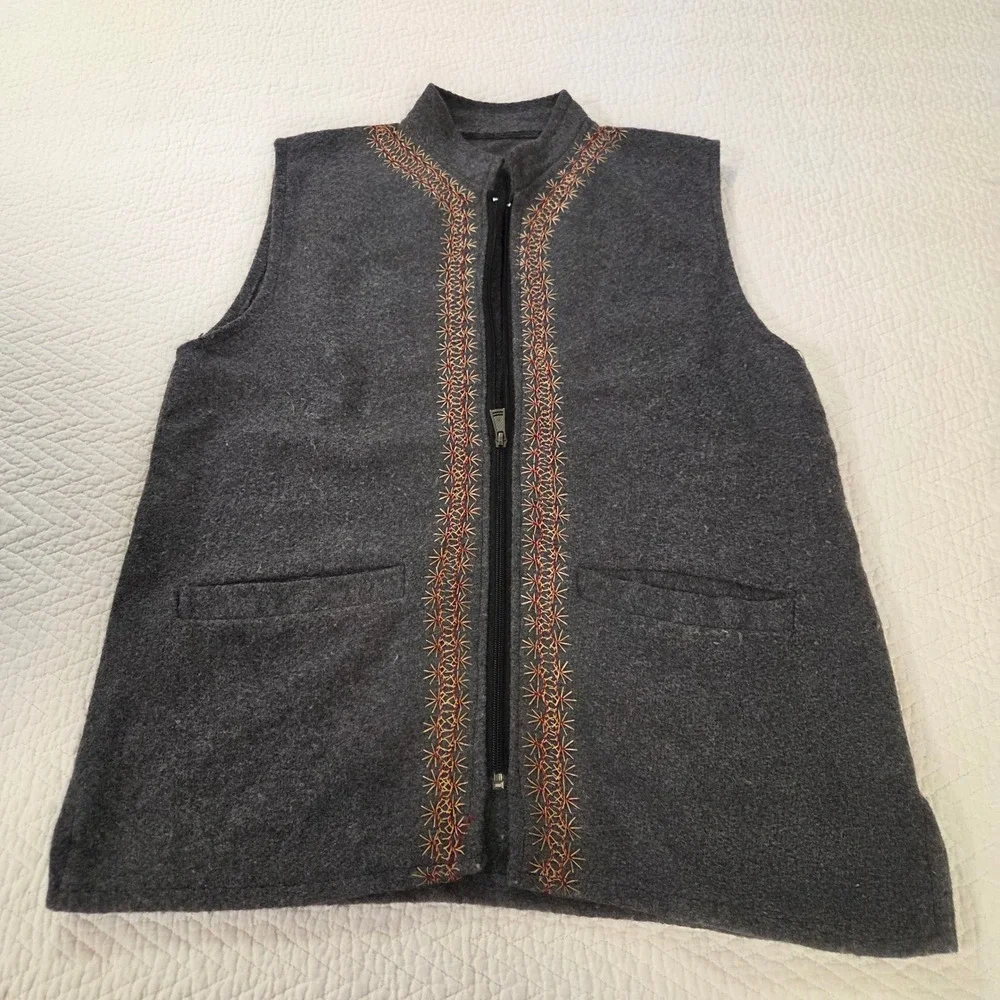 Unbranded Dark Gray Wool Blend Embroidered Full Zip Vest Mock Neck Mens Large
